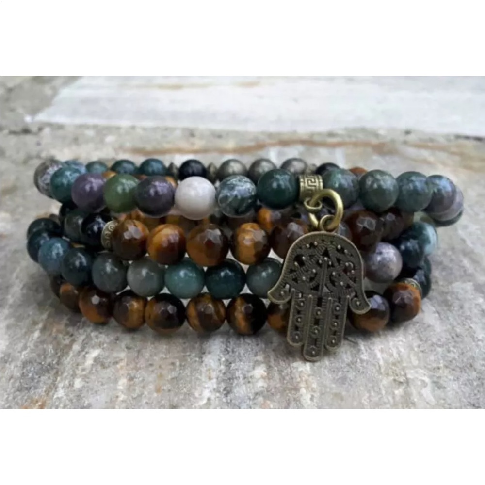 Mixed gemstone Mala with bronze Hamsa - Picture 3 of 6